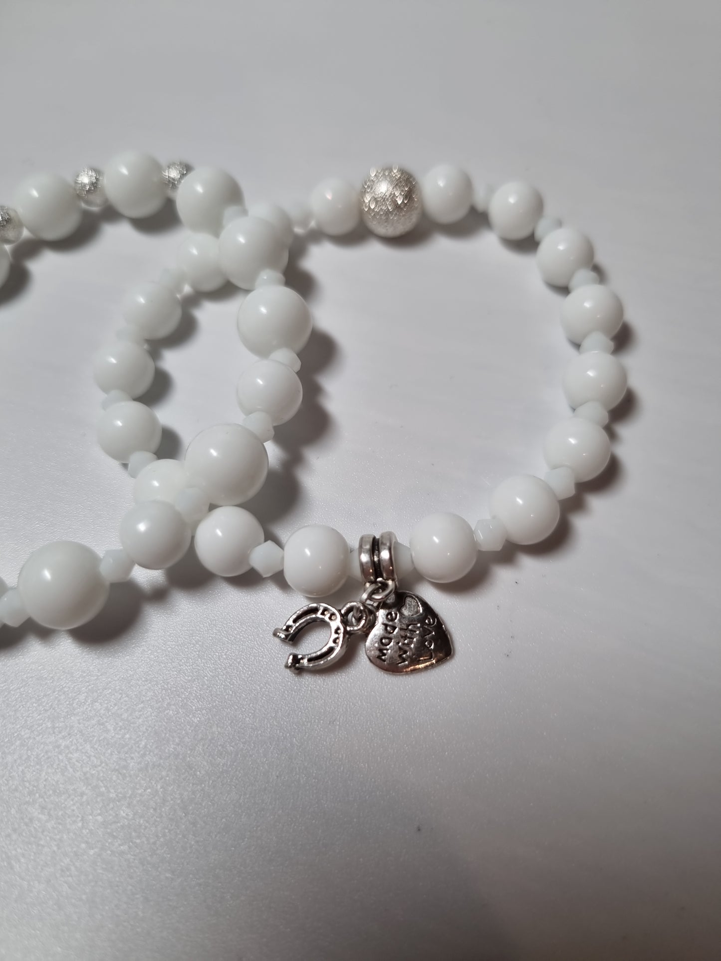 Handmade bracelets from gemstones white  agate beads with silver color pendant Stretchy bracelet