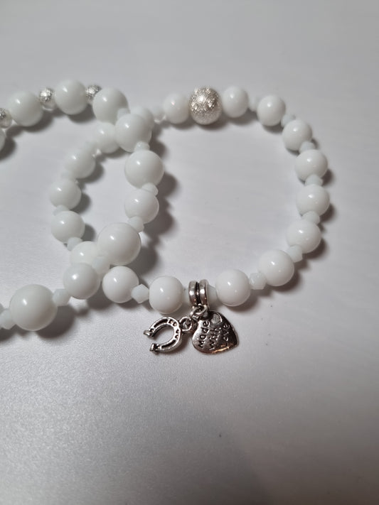 Handmade bracelets from gemstones white  agate beads with silver color pendant Stretchy bracelet