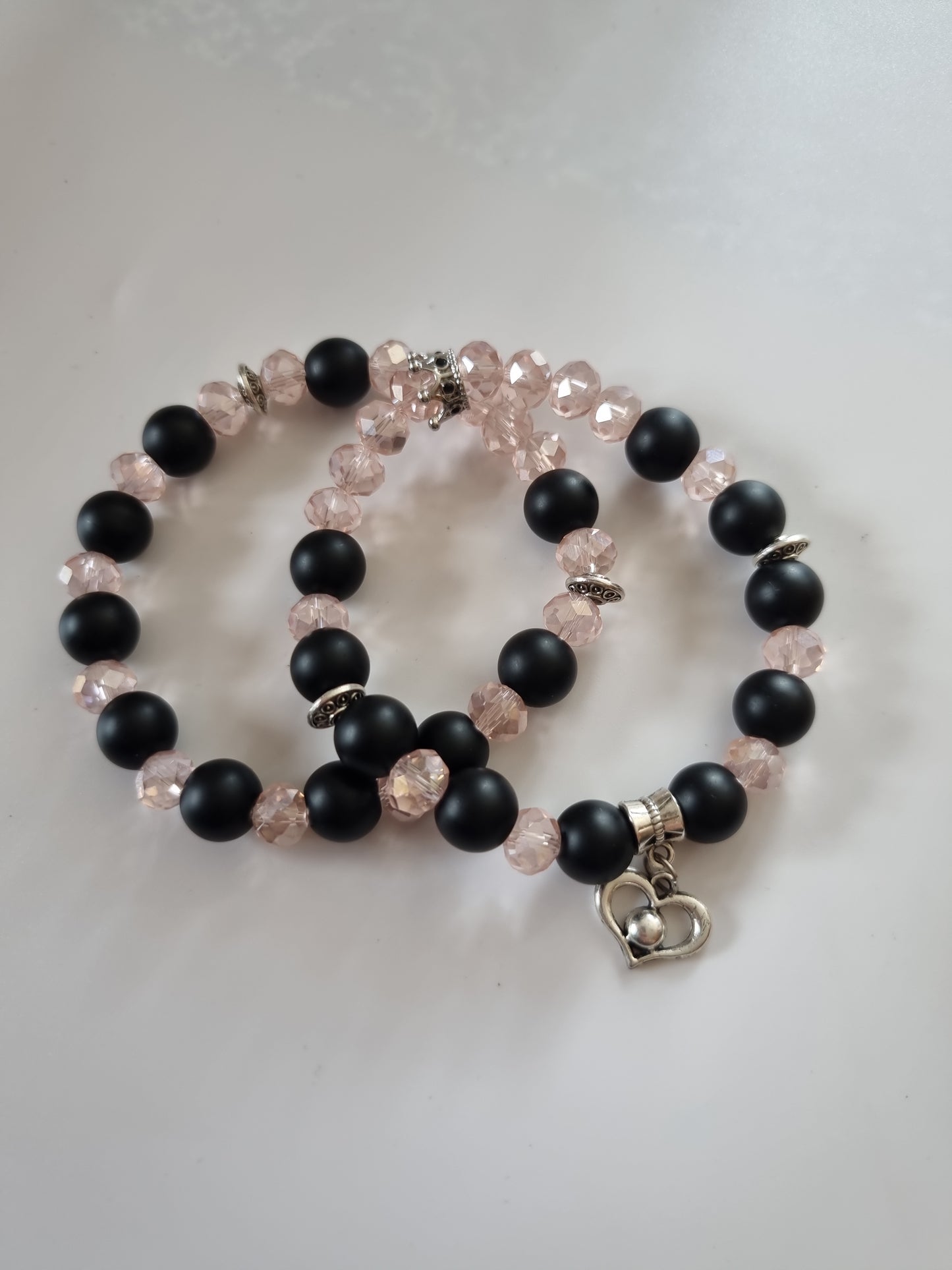 Handmade stretchy bracelet pair with gemstone onyx and glass crystal