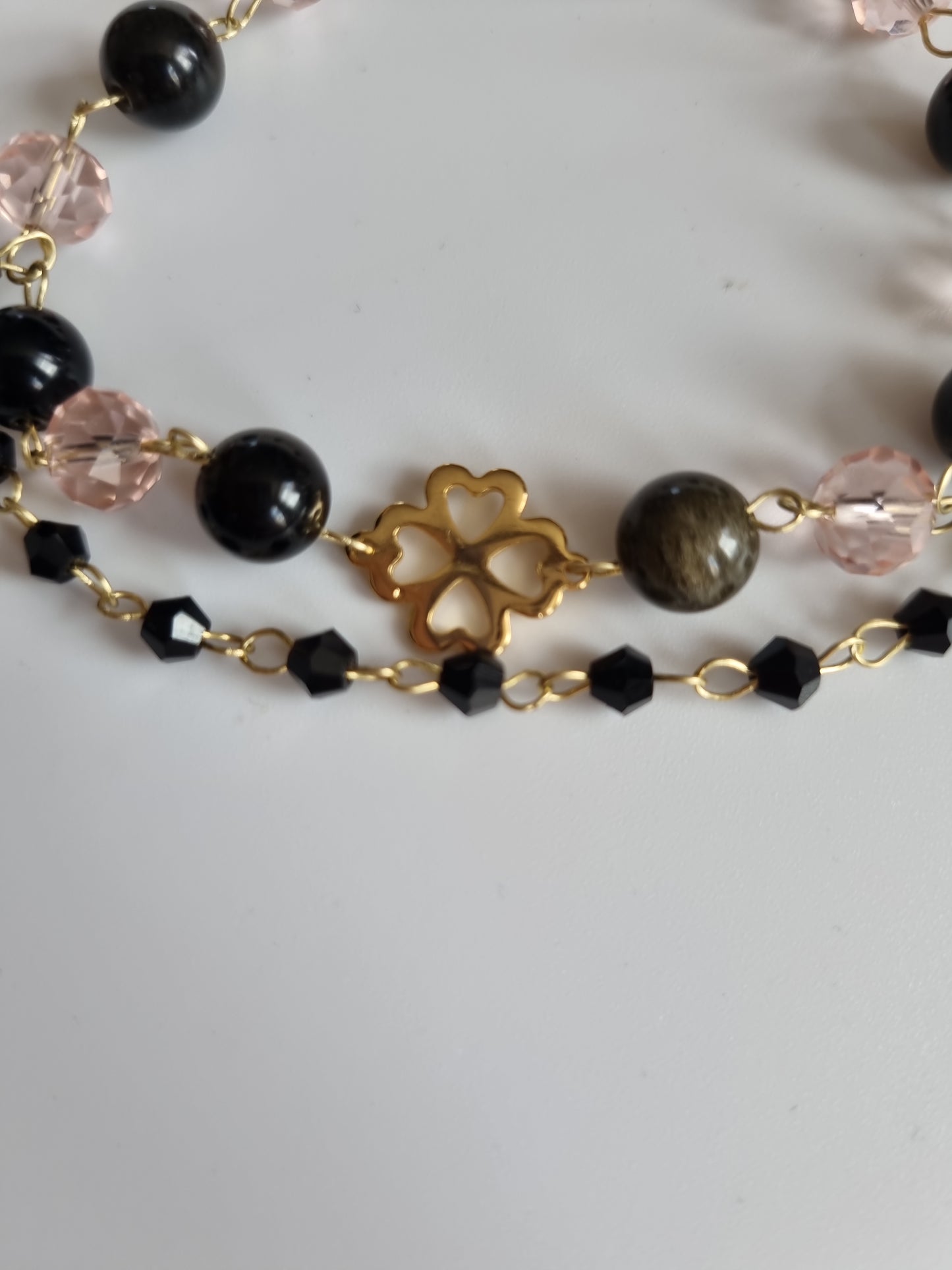 Handmade bracelets from  natural Stone obsidian and glass beads 18kr.gold color