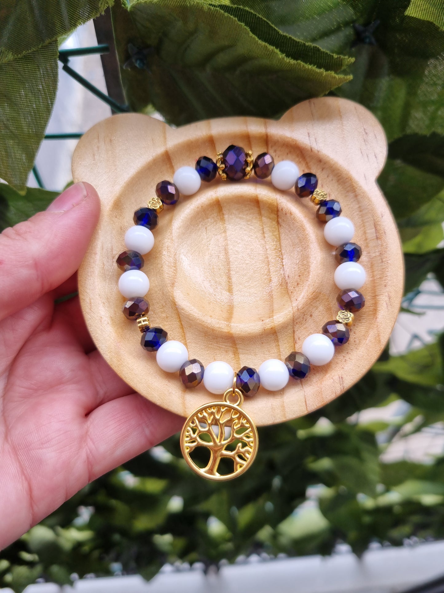 Handmade bracelets from gemstones agate beads and glass beads with life tree pendant