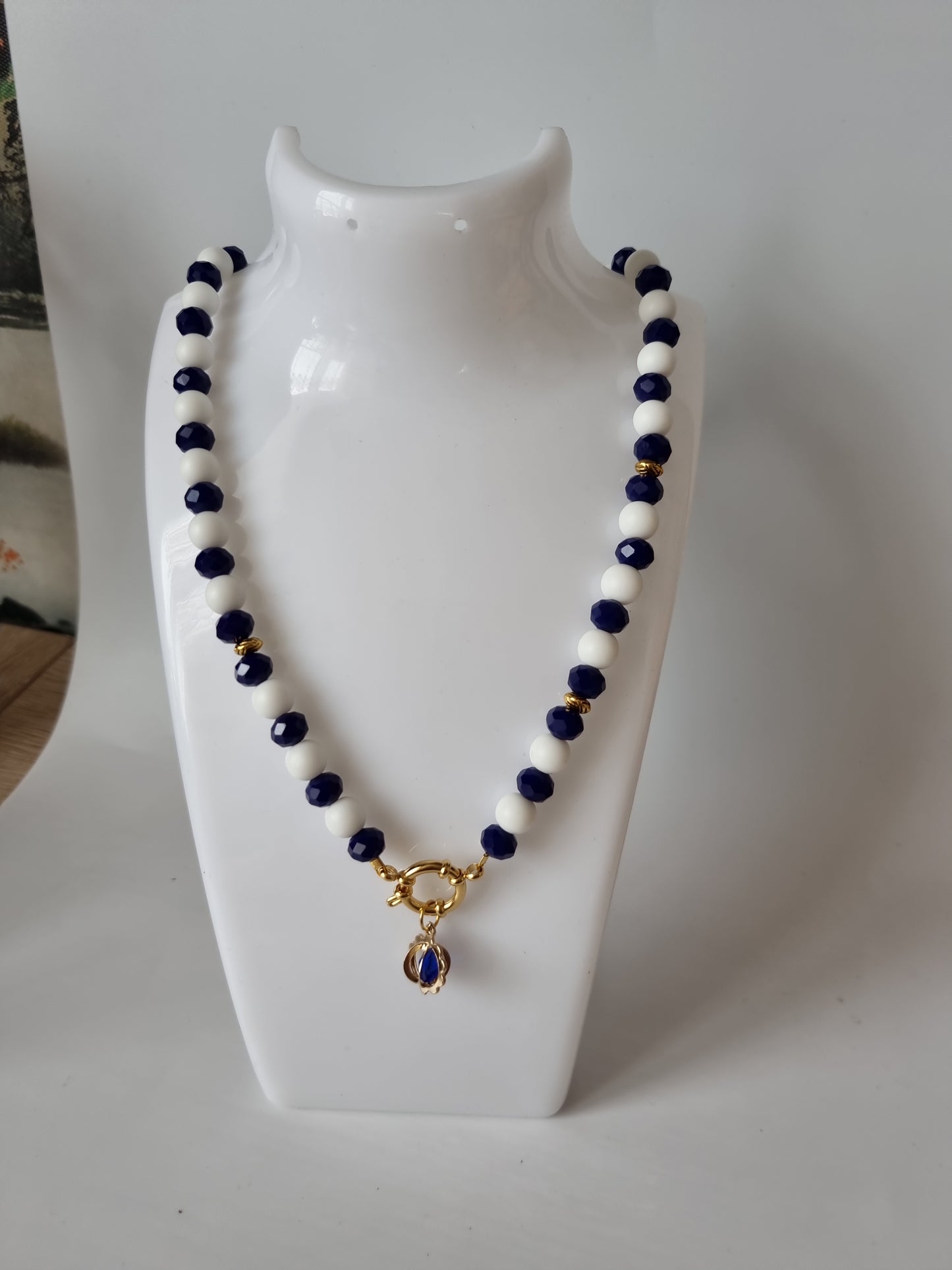 Set Handmade made with love necklace with pair bracelets agate white and blue glass beads faceted crystal