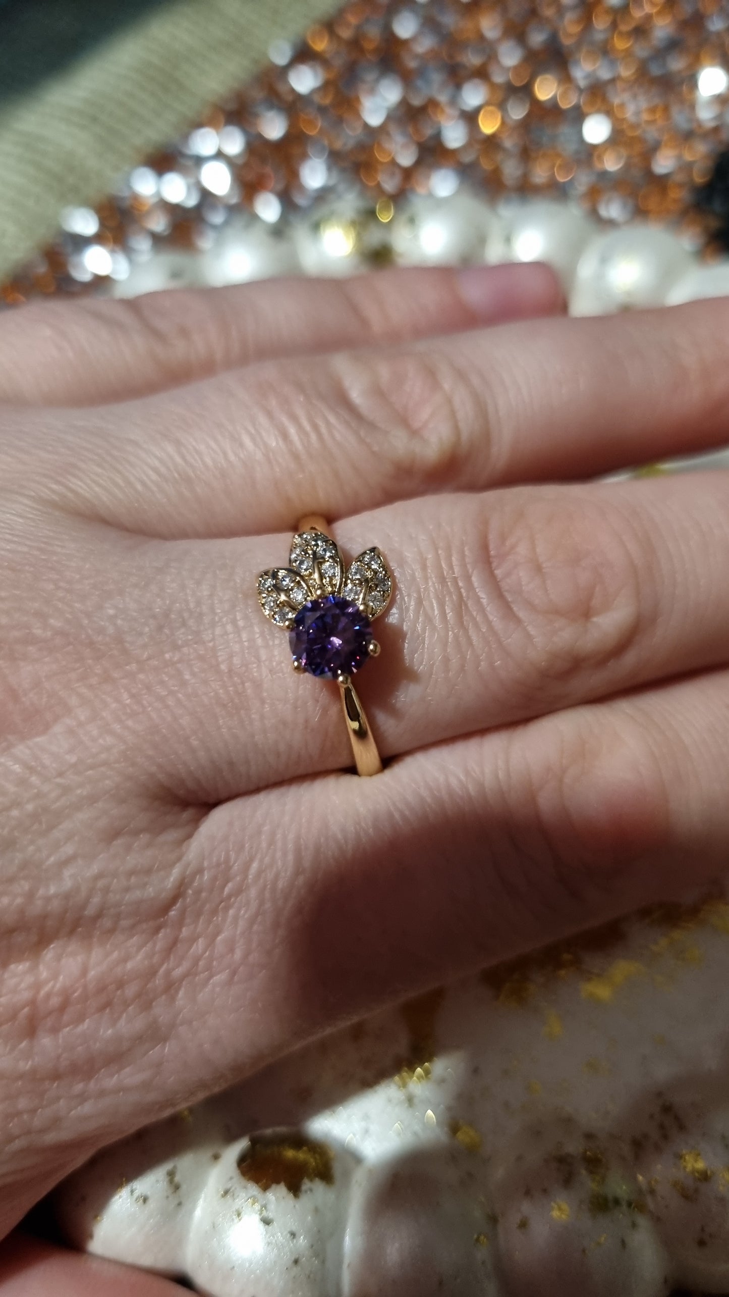 18kr.gold plated copper metal rings with zircon stone purple color