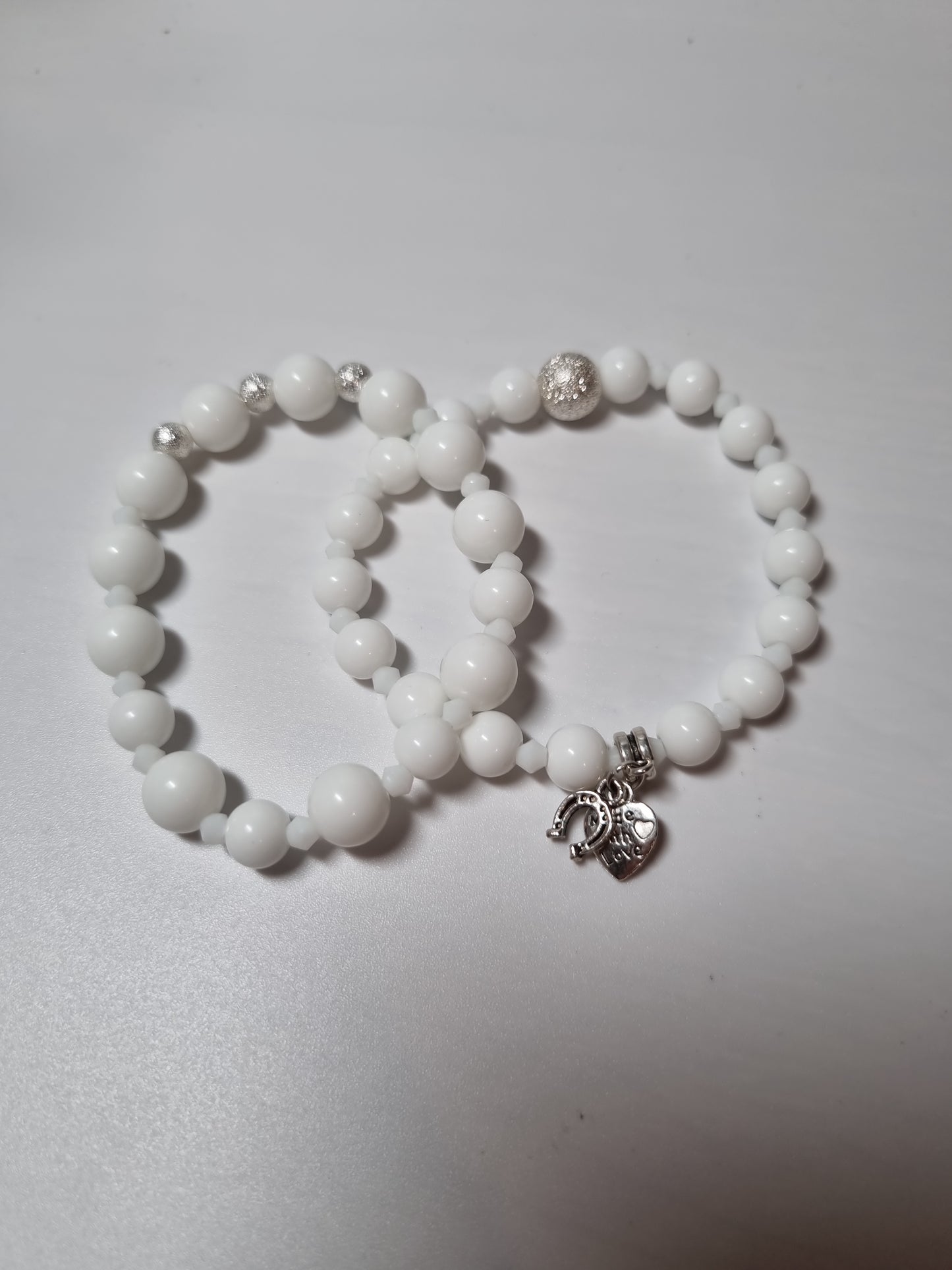 Handmade bracelets from gemstones white  agate beads with silver color pendant Stretchy bracelet