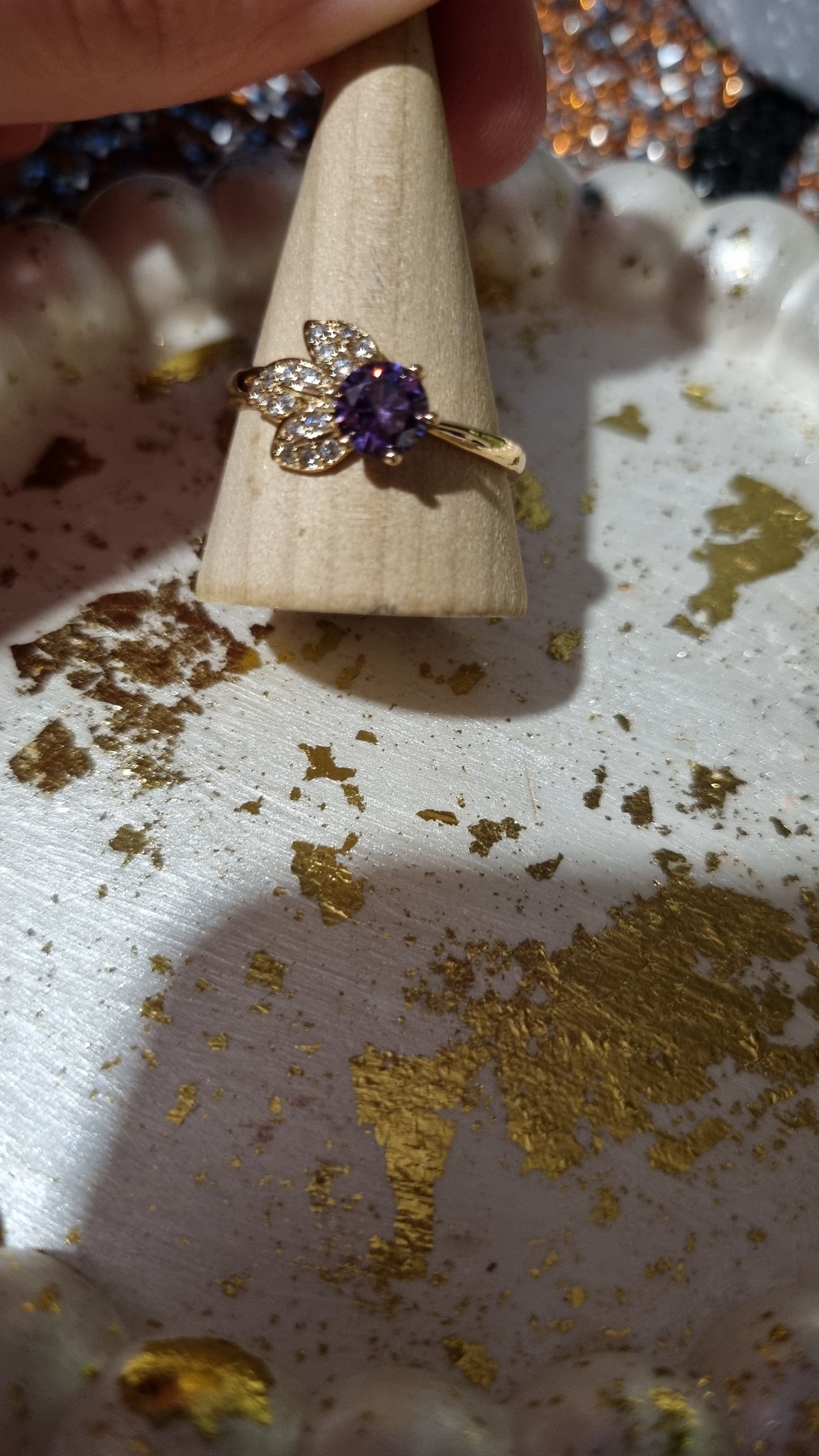 18kr.gold plated copper metal rings with zircon stone purple color