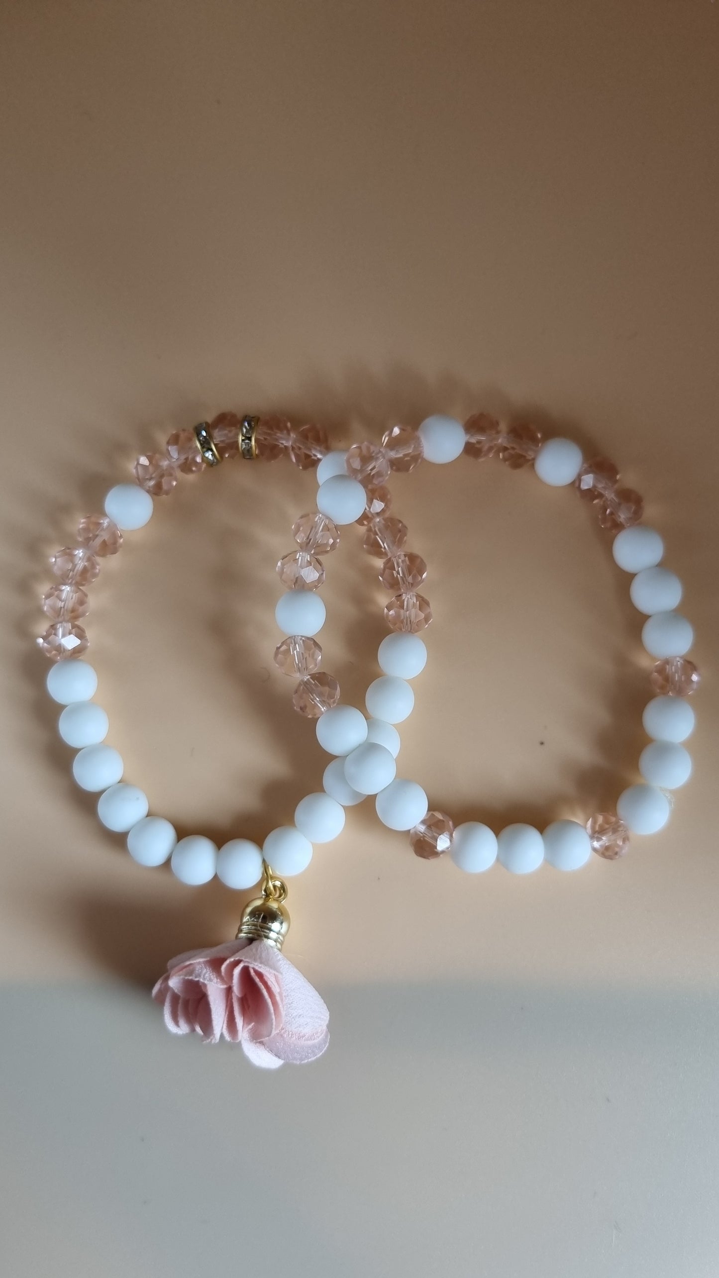 Handmade natural Stone agate beads white and pink glass crystal stretchy bracelet