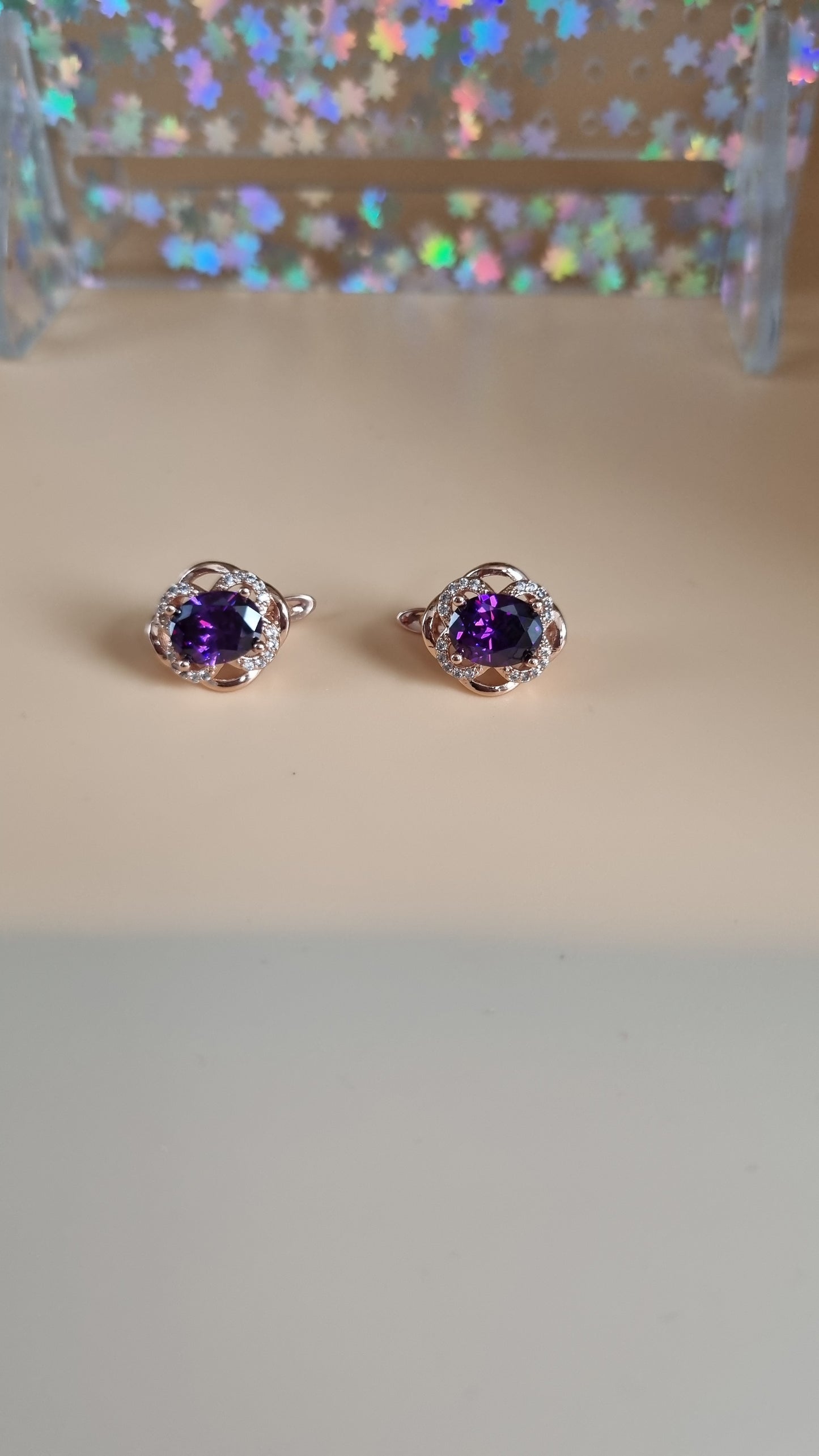 Rose gold plated earrings with zircon stone violet hypoallergenic waterproof