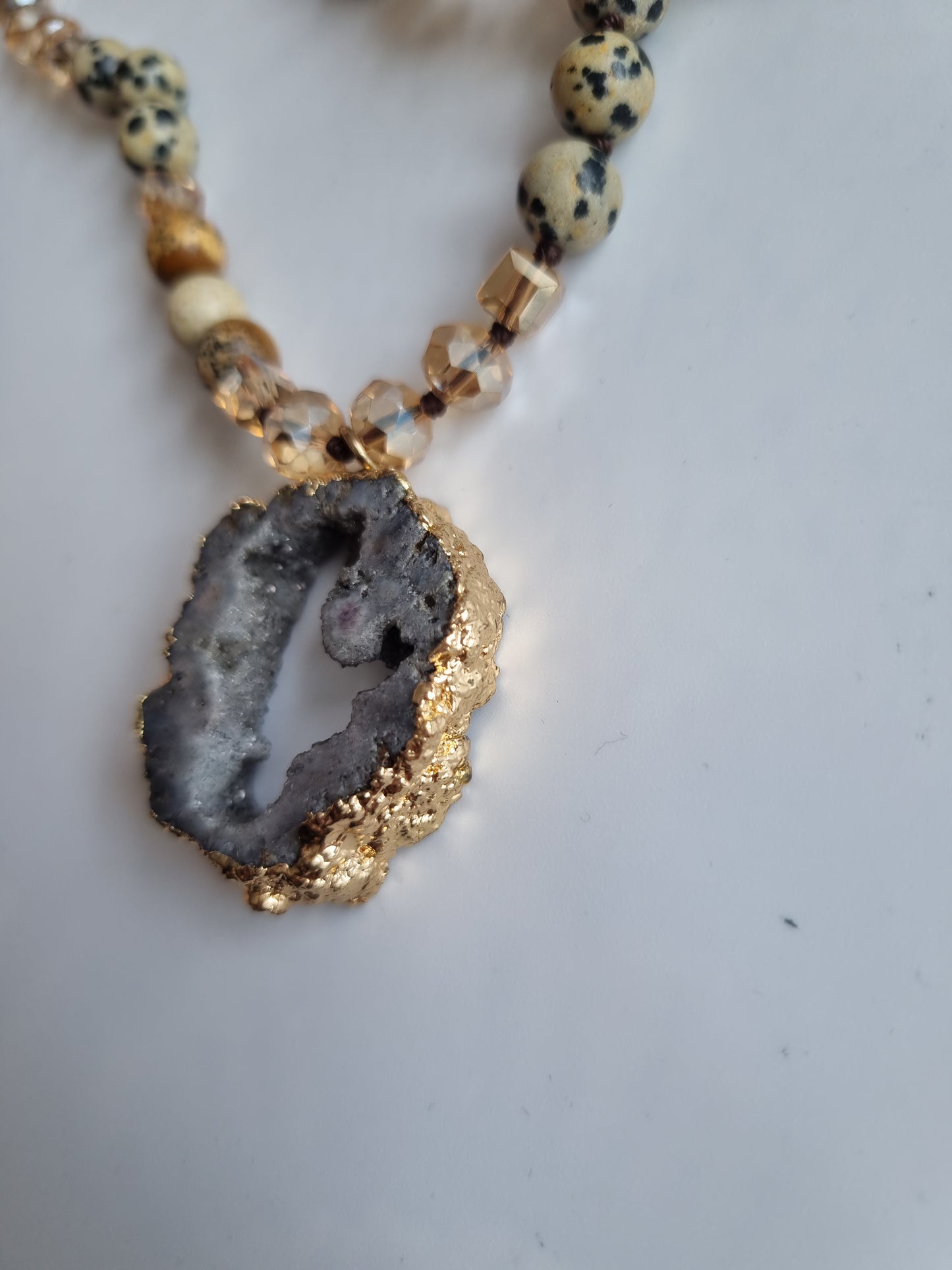 Handmade natural Stone necklace jasper stone with glass beads ,druzy crystal pendant